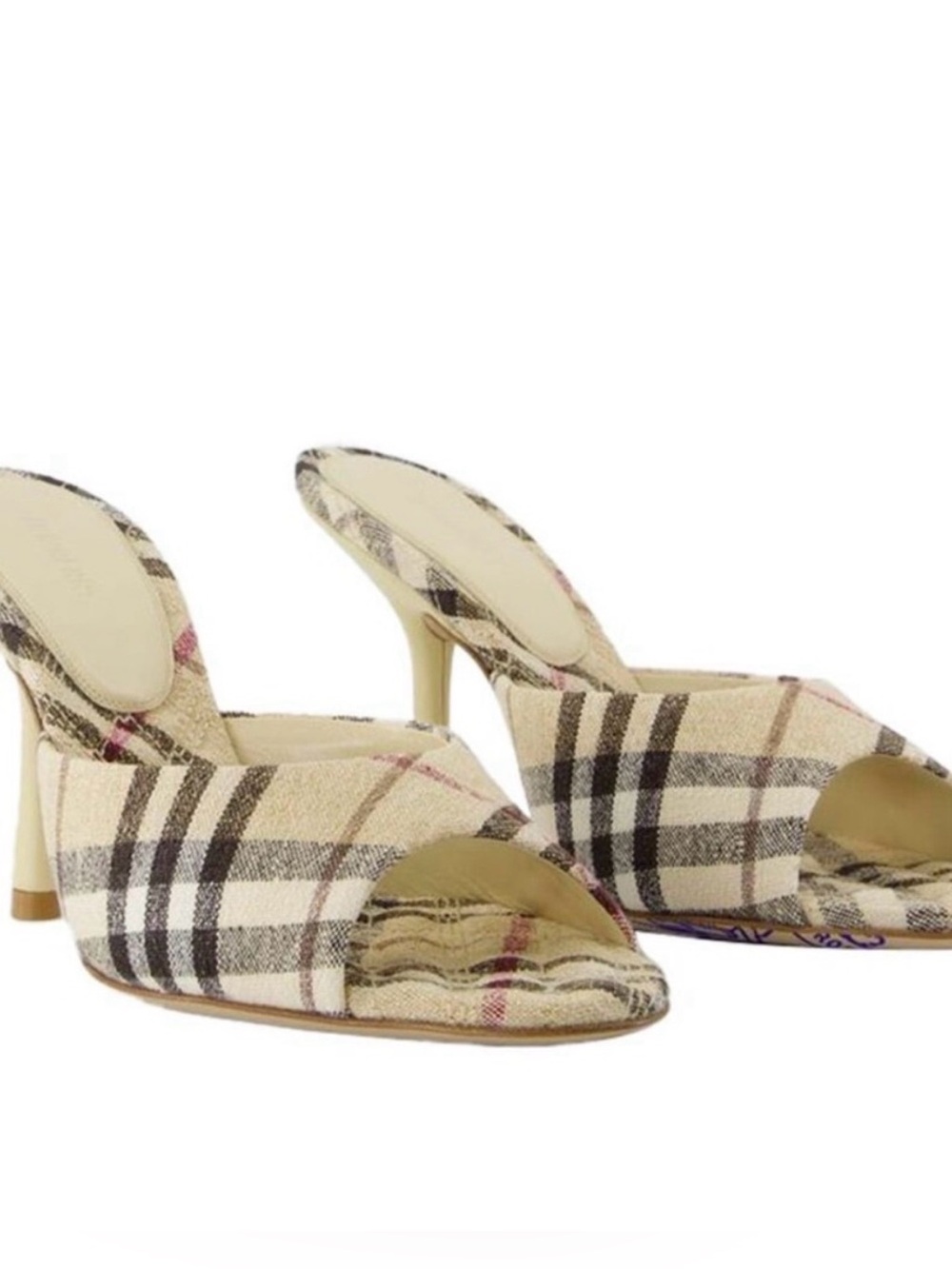Burberry Plaid Open-Toe Mules in Beige Linen and Black